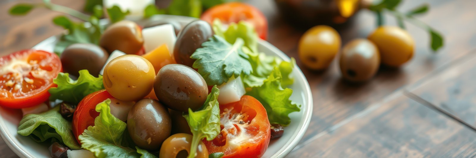 Fresh vegetable salad with olives and tomatoes served on a wooden table